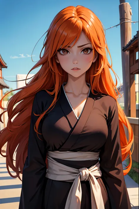 (masterpiece, best quality:1.2), expressive eyes, perfect face, highres, 1girl, solo, (female:1.5), kurosaki ichigo, long orange...