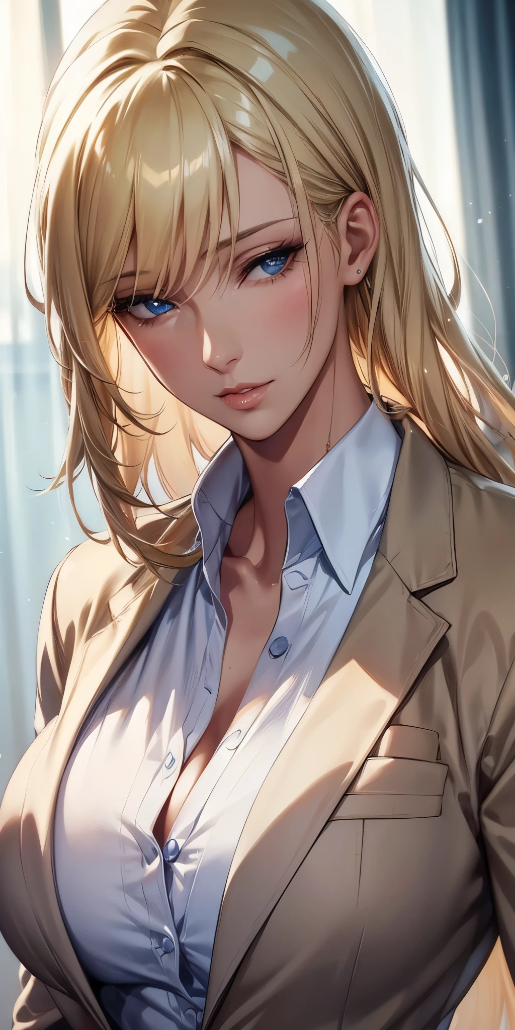 portrait, réaliste, femme mûre sexy, yeux bleus, cheveux blond, Résolution 4K, Beau CG, Lumière douce