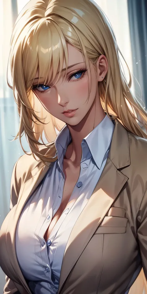 portrait, realistic, sexy mature woman, blue eyes, blonde hair, 4k resolution cg, beautiful cg, soft light