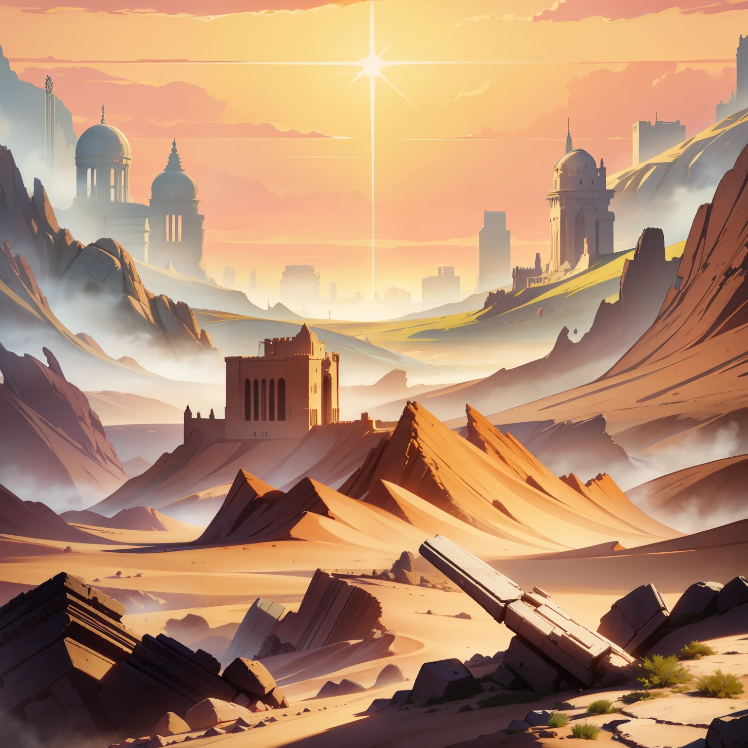 there are many rocks in the desert with a ruined city in the background, pouco detalhado. pintura digital, Arte digital altamente detalhada em 4k, Symmetrical fantasy landscape, desert composition, Desert of Distortion, fantasia de deserto de areia, Arte digital detalhada em 4k, Deserto Deserto, Science fiction landscape, pintura digital concept art, wlop e rhads, terras desertascape, digital landscape art, terras desertas