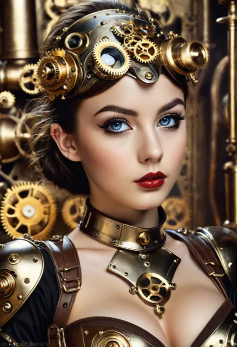 hyper realistic photo perfect clockwork teen girl, perfect makeup, think curved eyebrows, long thick eyelashes, black eyeliner, ...