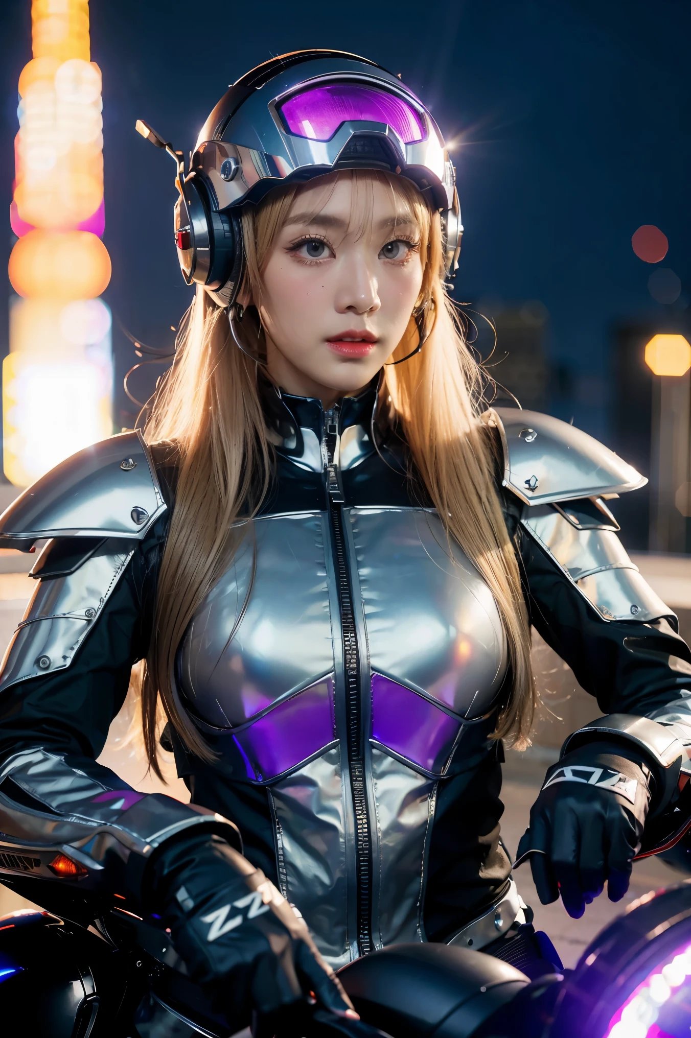 Highest image quality, outstanding details, ultra-high resolution, (realism: 1.4), the best illustration, favor details, highly condensed 1girl, charming Russian model Nata Lee, with a delicate and beautiful face, light blonde hair, dressed in a black and purple mecha, wearing a mecha helmet, holding a directional controller, riding on a motorcycle, the background is a high-tech lighting scene of the future city.