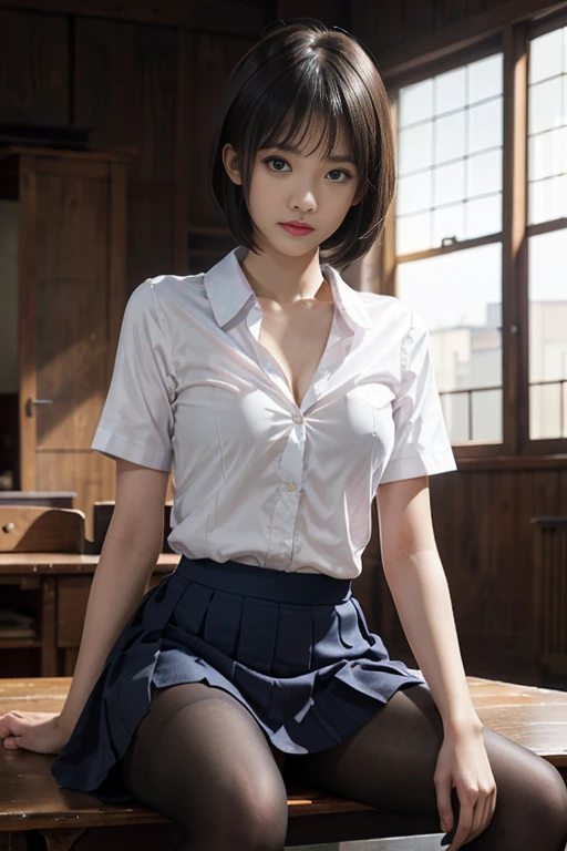 ((NSFW))、((Spread your legs wide))、((Leg spread))、Showing cleavage、Small breasts、((Small breasts))、I can see your thighs、超Realな (Cute 10 year old girl in uniform sitting at a desk、((Cowboy Shot))、Japanese、Japanese、Japanese girls uniform、Surreal、((Bangs snapping short bob hair))、Beautiful anime school girl、Cute school girl、 8k cg、画像-perfectionな顔、perfection、clean、masterpiece、Professional artwork、Famous works of art、perfectionな顔、Beautiful Face、Beautiful Eyes、((perfectionな女性の体))、one person、(Immersive atmosphere、Chiaroscuro: 1.5、Bright light:1.2、Bright lighting)、、(blush:0.5)、Attractive appearance、Highly detailed eyes、Thick thighs、big breasts、Beautifully detailed backgrounds、Write boundary depth、Real:1.3、One girl 、shirt、Pleated skirt、 、sitting、whole body、(ambient light:1.3)、(Movie Compositing:1.3)、(neon:0.1)、(HDR:0.1)、Accent lighting、Black Pantyhose、Smooth Pantyhose、Very thin pantyhose