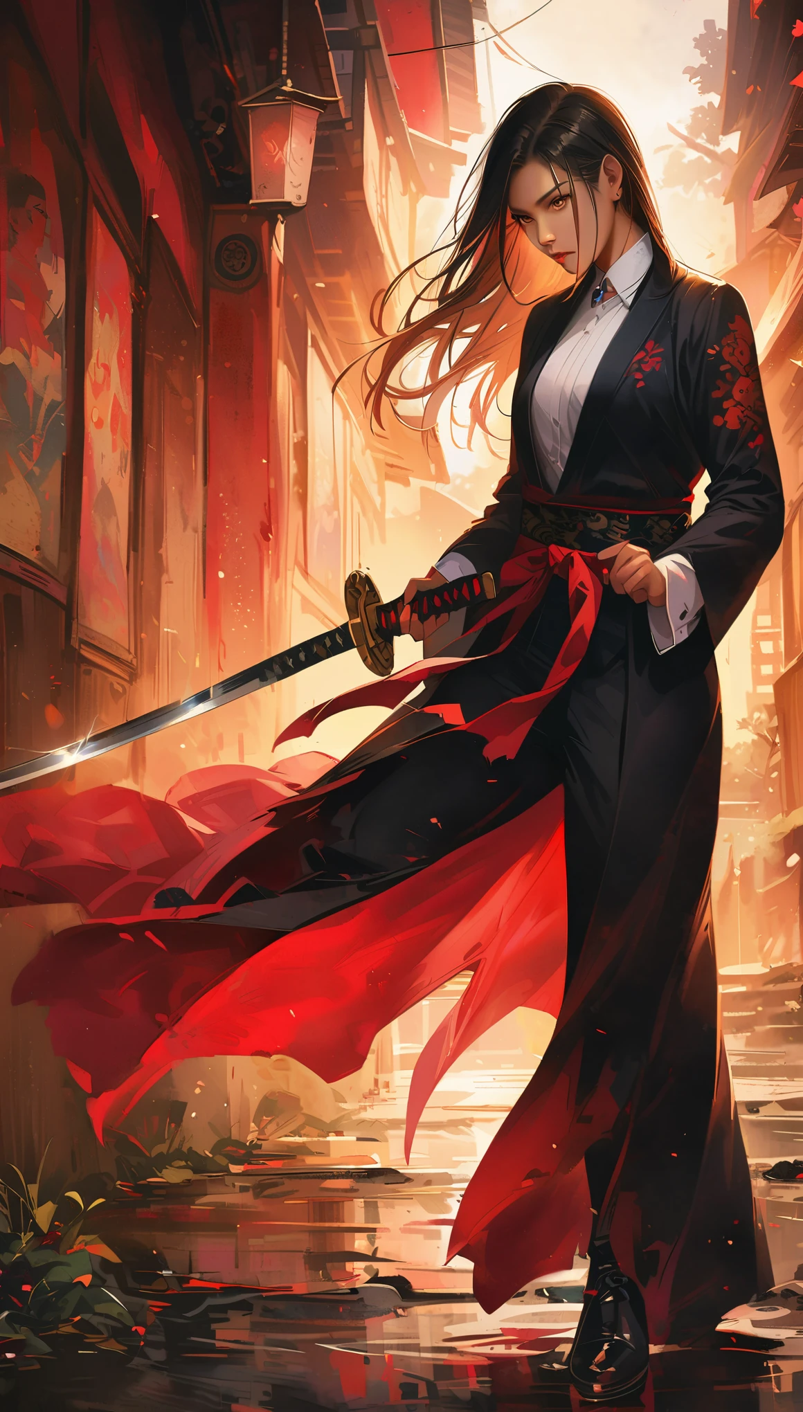 realistic, 1girl, wide portrait, beautiful japanese girl, yakuza tattoo on body, she hold katana sword near face, shining metal, eyes reflection from sword metal, white shirt and elegant black suit, elegant assassin, female swordman, Low-key lighting Style, katana,