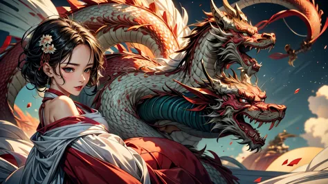 {{{{{illustration}}}}},author：Yuko Shimizu,1 Girl,Chinese dragon,Chinese Girl,female focus on, {{Colored ink drawing}},{{Ink spl...