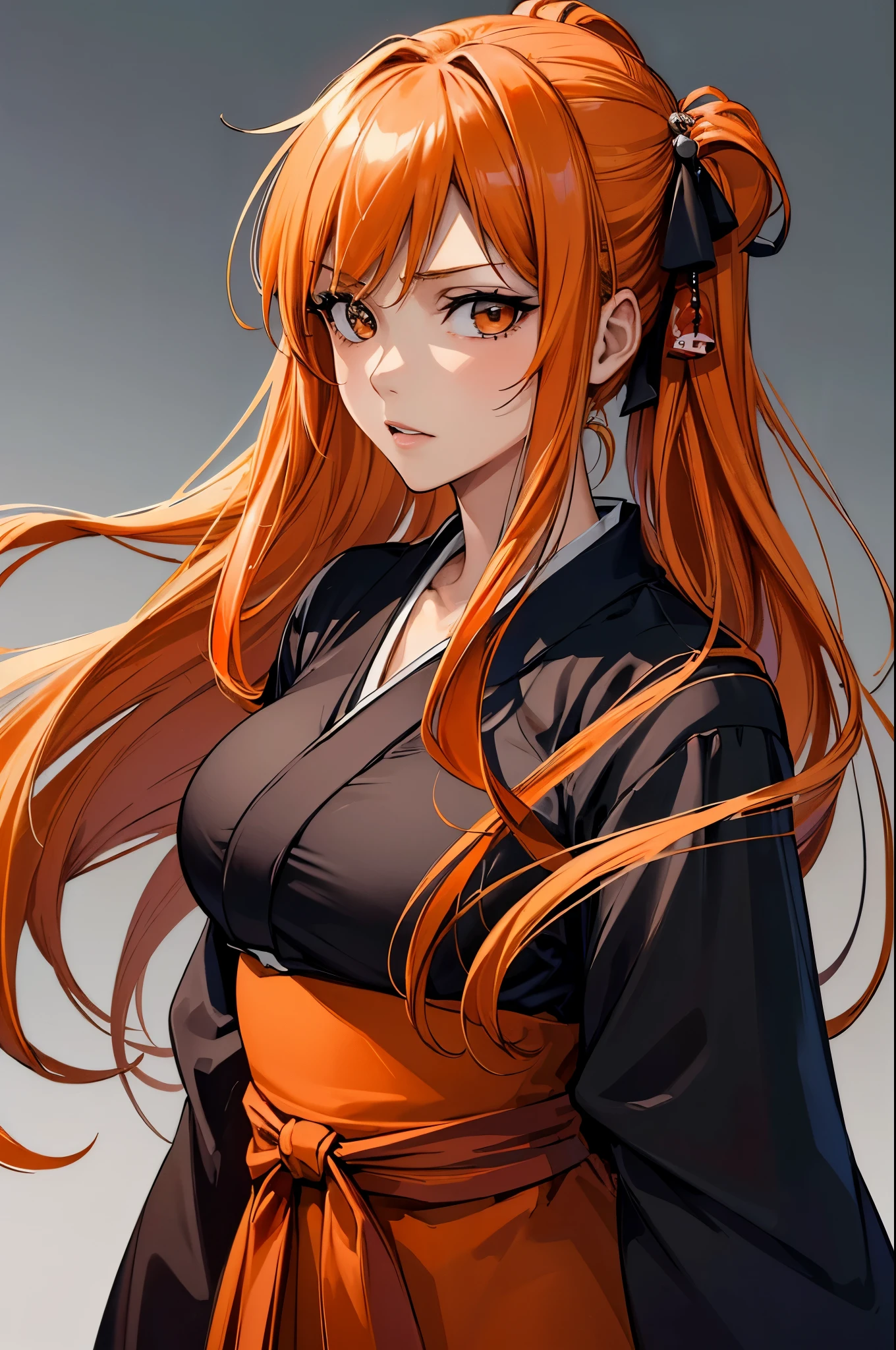 (obra maestra, mejor calidad:1.2), ojos expresivos, cara perfecta, alta resolución, 1 chica, solo, (femenino:1.5), kurosaki ichigo, pelo largo naranja, Ojos cafés, ropa japonesa, Quimono negro, de pie, Parte superior del cuerpo, mirando al espectador,
