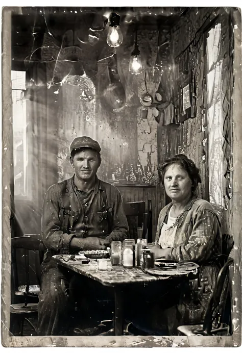 (((A miner at his evening meal with his wife))), ((( Worker class Laborer old and dirty outfit))) (((A small dining room with cl...