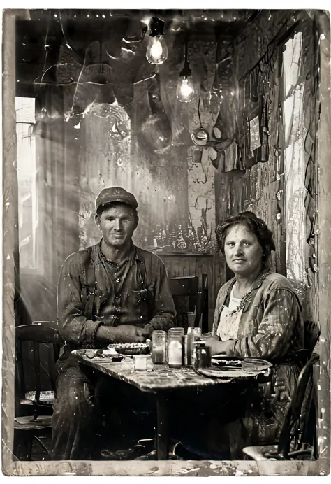 (((a miner at his evening meal with his wife))), ((( worker class laborer old and dirty outfit))) (((a small dining room with cl...