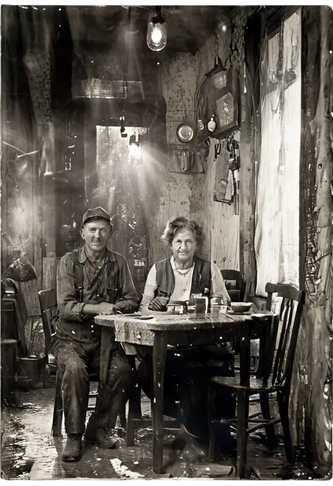 (((A miner at his evening meal with his wife))), ((( Worker class Laborer old and dirty outfit))) (((A small dining room with cl...