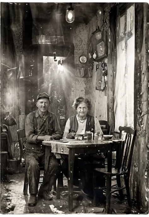 (((a miner at his evening meal with his wife))), ((( worker class laborer old and dirty outfit))) (((a small dining room with cl...