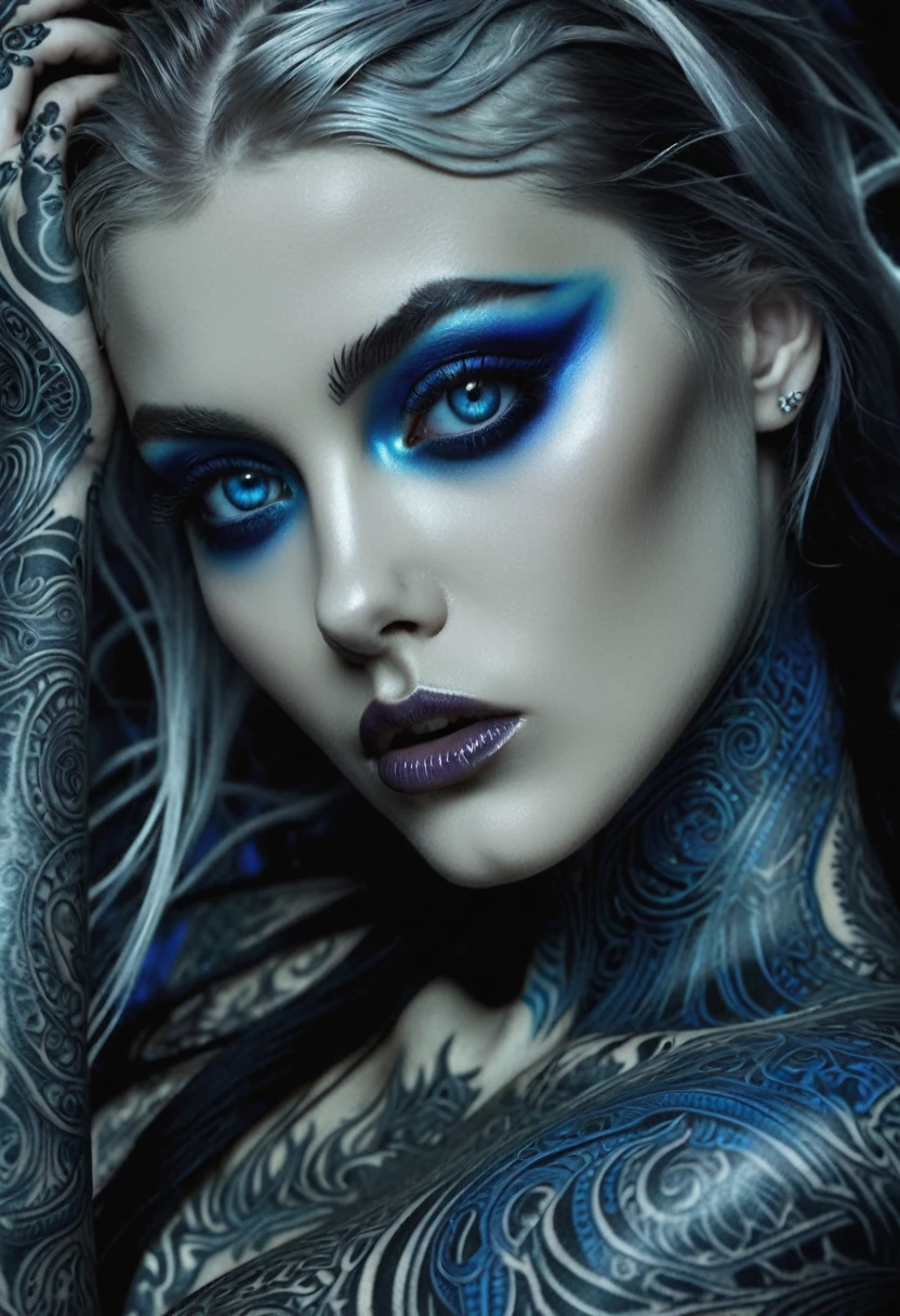 Hr giger tattooed sexy seductive dead girl. Sapphire blue eyes,