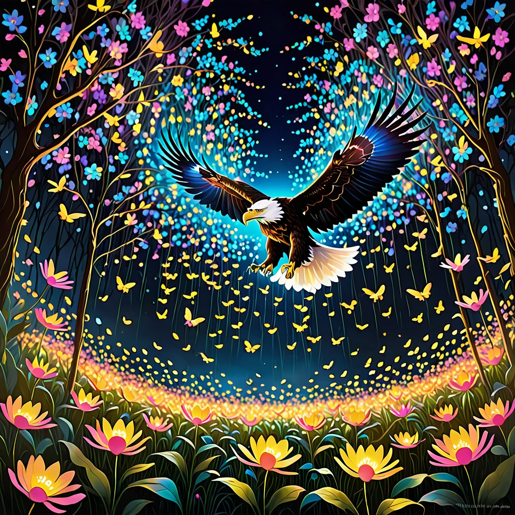 Picture a surreal night scene The eagle takes flight with luminous, neon colors against a pitch-black sky. The ground is unseen, giving the impression that the flower and viewers are suspended in an infinite void. Fireflies and ethereal lights swarm around the branches, while petals whirl in the air, forming shapes and patterns that tell ancient tales. The laws of physics are bent as petals and light sources create a floating path, inviting onlookers into a mesmerizing, dreamlike journey.