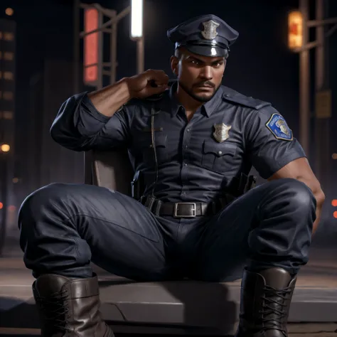 A (muscular), masculine, handsome (police officer) wearing a ((police uniform, police shirt, police pants, police cap, police boots):1.3) (sitting on the hood of a police cruiser) with his legs spread apart. High quality, best quality, masterpiece, realist...