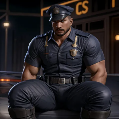 A (muscular), masculine, handsome (police officer) wearing a ((police uniform, police shirt, police pants, police cap, police boots):1.3) (sitting on the hood of a police cruiser) with his legs spread apart. High quality, best quality, masterpiece, realist...