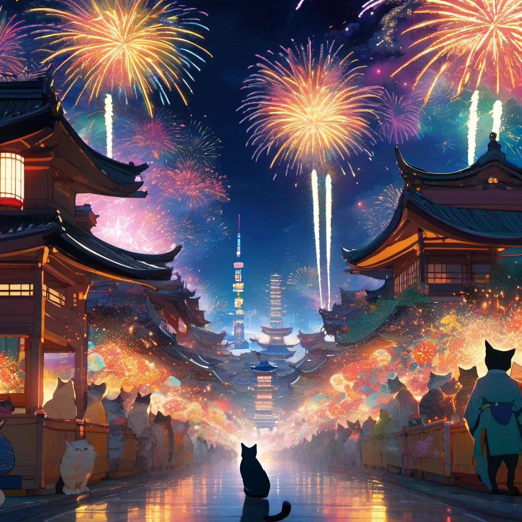masterpiece, best quality, high quality, detailed, insanely detailed, beautiful, FHD, 4K, highres, landscape photo, city, Japanese festival, Fireworks in the shape of a cat, at festival, beautiful, light atmosphere, vibrant academia, highly saturated colors, vibrant colors
