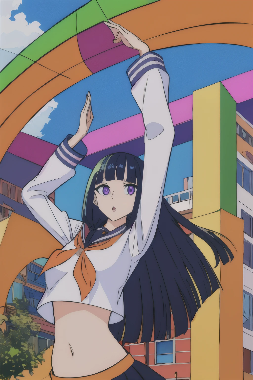 (best quality, highres, masterpiece:1.2), purple eyes, black hair, long hair, bangs, blunt bangs, very long hair, colorful skirt, black sailor uniform, outdoors, park, vibrant colors, buildings, sunshine, midriff, navel, stomach, long sleeves, wind blow, wanostyle, arms up