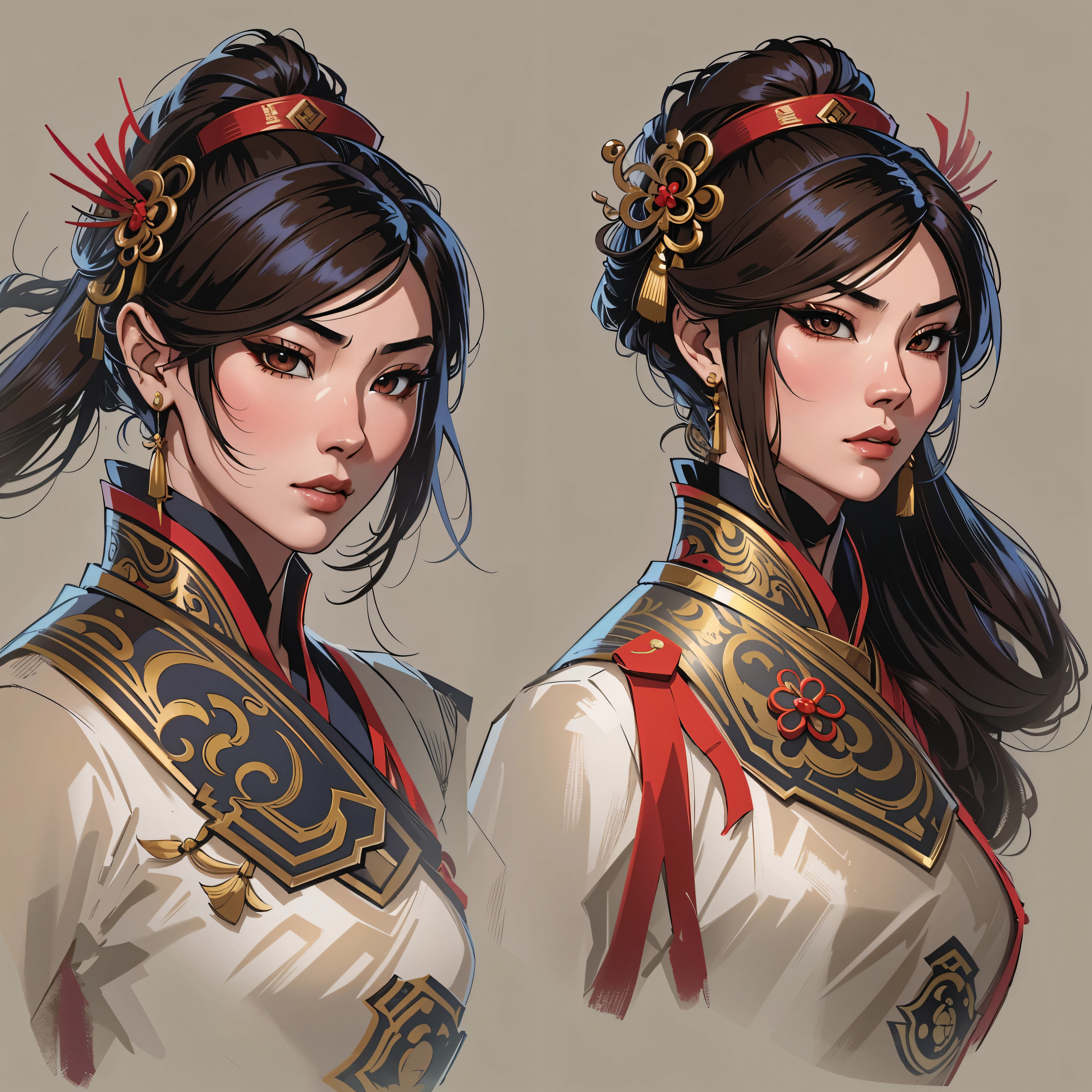 a close up of an asian woman in her 30's, with brown eyes and smooth brown hair, wearing a black and red ball gown dress, a heroine with brown eyes, martial artist holding sword, standing in a chinese temple, new costume concept design, in the style of blade and soul, full body character concept, detailed character design, inspired by Yang Jin, inspired by Li Mei-Shu, chinese costume, inspired by Lan Ying, inspired by Sim Sa-Jeong, inspired by Li Tang, lunar themed attire, costume with black accents, inspired by Ju Lian, colored concept art, highly detailed character design, highly detailed face, inspired by Ai Xuan, very highly detailed face, unreal engine render, final fantasy 14 style, inspired by Leng Mei