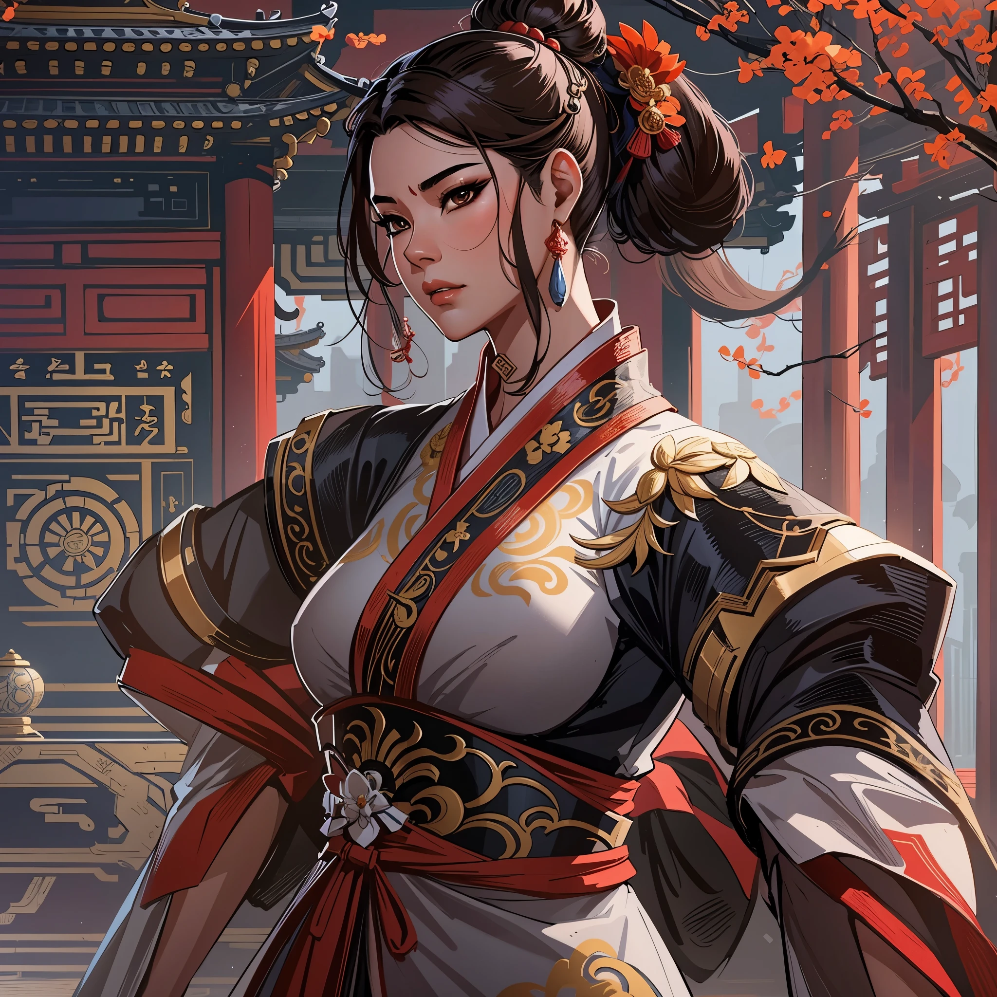 a close up of an asian woman in her 30's, with brown eyes and smooth brown hair, wearing a black and red ball gown dress, a heroine with brown eyes, martial artist holding sword, standing in a chinese temple, new costume concept design, in the style of blade and soul, full body character concept, detailed character design, inspired by Yang Jin, inspired by Li Mei-Shu, chinese costume, inspired by Lan Ying, inspired by Sim Sa-Jeong, inspired by Li Tang, lunar themed attire, costume with black accents, inspired by Ju Lian, colored concept art, highly detailed character design, highly detailed face, inspired by Ai Xuan, very highly detailed face, unreal engine render, final fantasy 14 style, inspired by Leng Mei