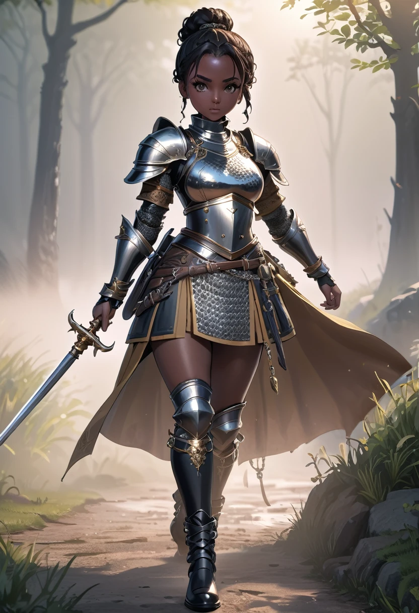 medieval fantasy, warrior girl, dark skin, brown eyes, black hair tied in a bun, light armor, intricate details, chain mail, leather boots, wielding rapier, medieval battlefield, fog, light novel style, full body, vision wide dynamics, 8K quality