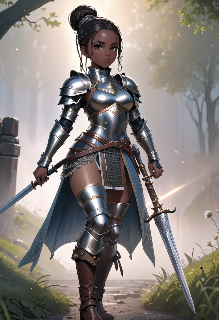 medieval fantasy, warrior girl, dark skin, brown eyes, black hair tied in a bun, light armor, intricate details, chain mail, leather boots, wielding rapier, medieval battlefield, fog, light novel style, full body, vision wide dynamics, 8K quality
