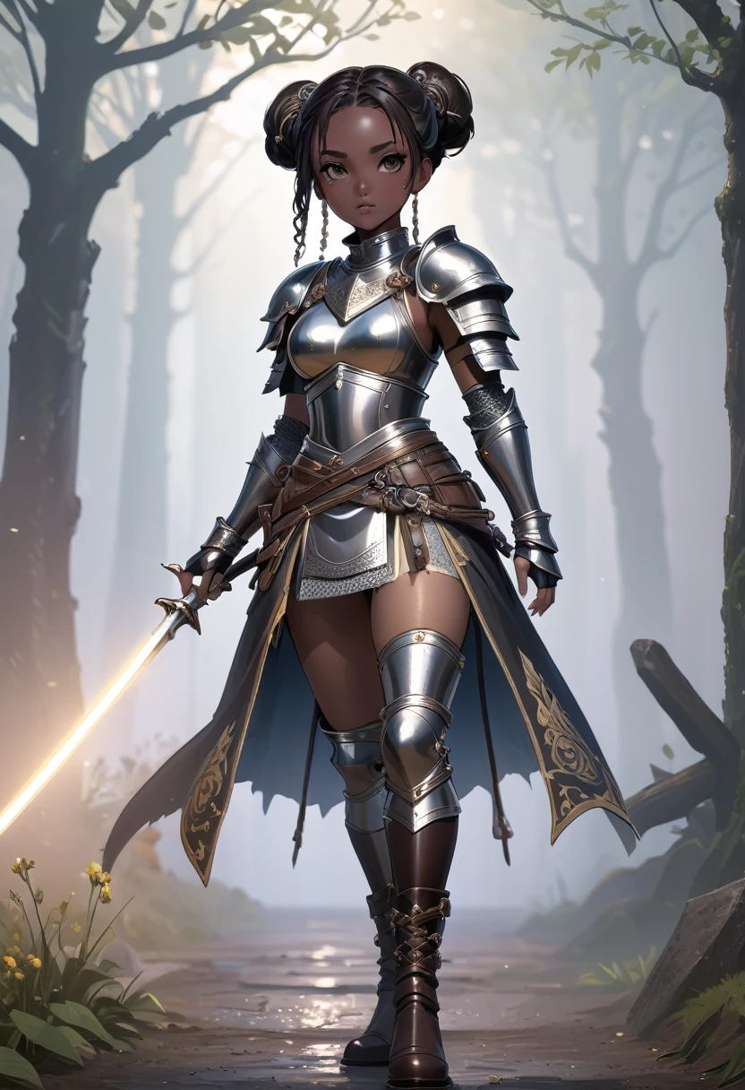 medieval fantasy, warrior girl, dark skin, brown eyes, black hair tied in a bun, light armor, intricate details, chain mail, leather boots, wielding rapier medieval battlefield, fog, light novel style, full body, vision Dynamic wide back, 8K quality