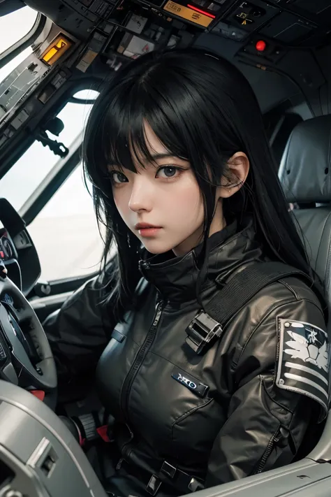 Anime girl in an airplane cockpit holding the steering wheel, Pilot Girl, Cyberpunk girl with jet black hair, Amazing anime 8k, ...