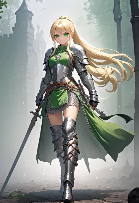 medieval fantasy, warrior girl, green eyes, long blonde hair tied in a ponytail, heavy armor, intricate details, chain mail, det...