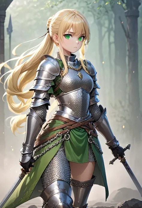 medieval fantasy, warrior girl, green eyes, long blonde hair tied in a ponytail, heavy armor, intricate details, chain mail, det...