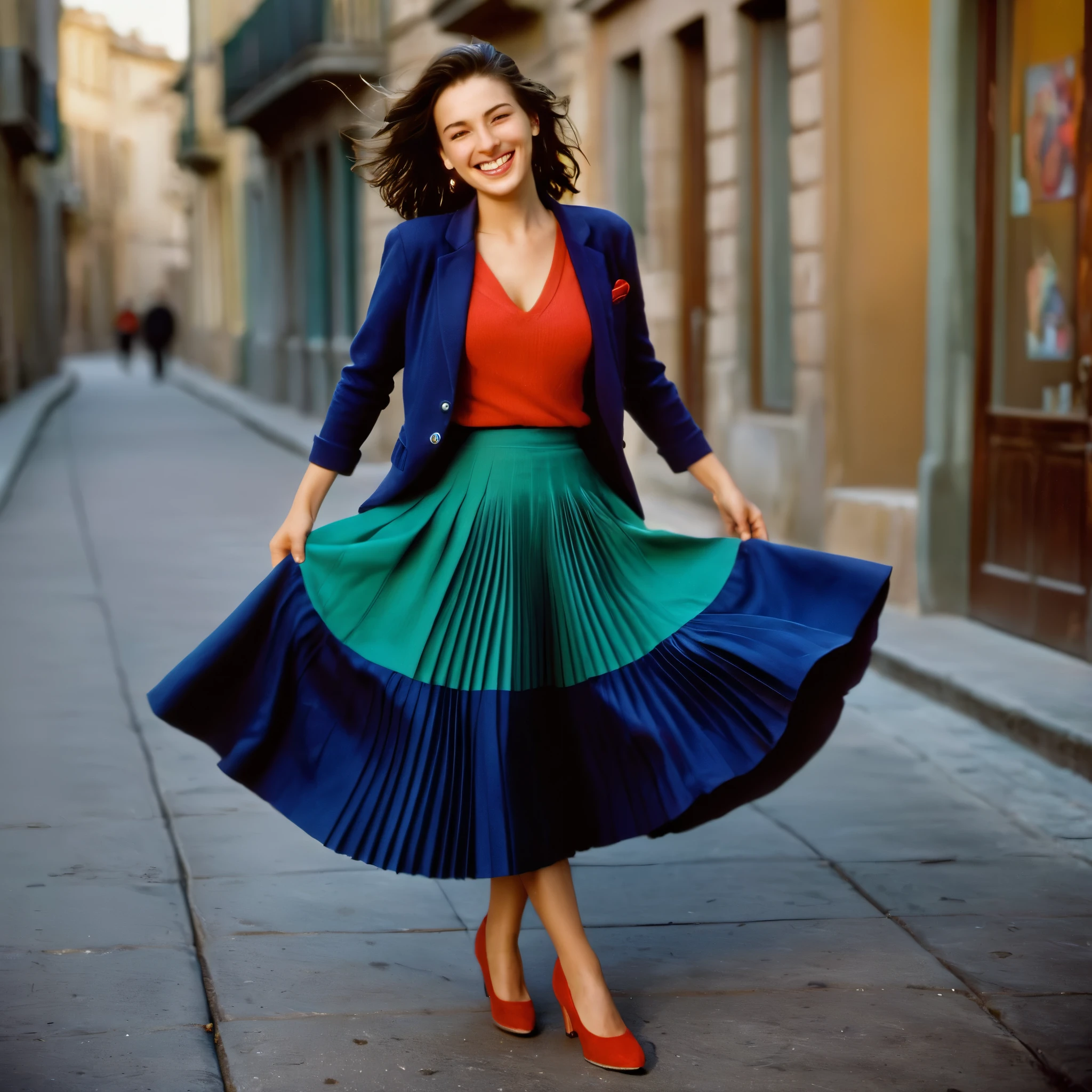 A smiling, authentic, (shy:1,3), kind, beautiful woman, is passionately in love with her skirt, dancing while wind lifts her skirt, wearing short blazer and very, very detailed (long (fully pleated) full circle skirt) and (low heeled court shoes), very, very intricate hyper-detailed symmetric (attractive graceful young feminine face) with (sad, tired eyes and a loving smile), very voluptuous breasts, full of empathy and compassion and love, (pronounced (feminine) features), (highly detailed ultra accurate realistic) hands and fingers, (windy), epic composition, highly detailed attributes, (35mm f1.4 Kodak portra 400 photograph), extremely high quality RAW photograph, highly detailed atmosphere, cinematic shot, dynamic lighting, 75mm, Technicolor, Panavision, cinemascope, sharp focus, fine details, 8k, HDR, realism, realistic, key visual, film still, superb cinematic color grading, depth of field