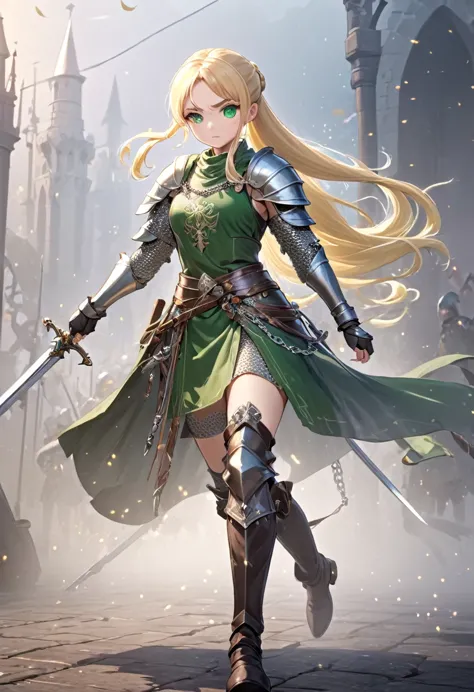 medieval fantasy, warrior girl, green eyes, long blonde hair tied in a ponytail, heavy armor, intricate details, chain mail, det...