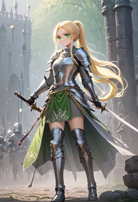 medieval fantasy, warrior girl, green eyes, long blonde hair tied in a ponytail, heavy armor, intricate details, chain mail, det...