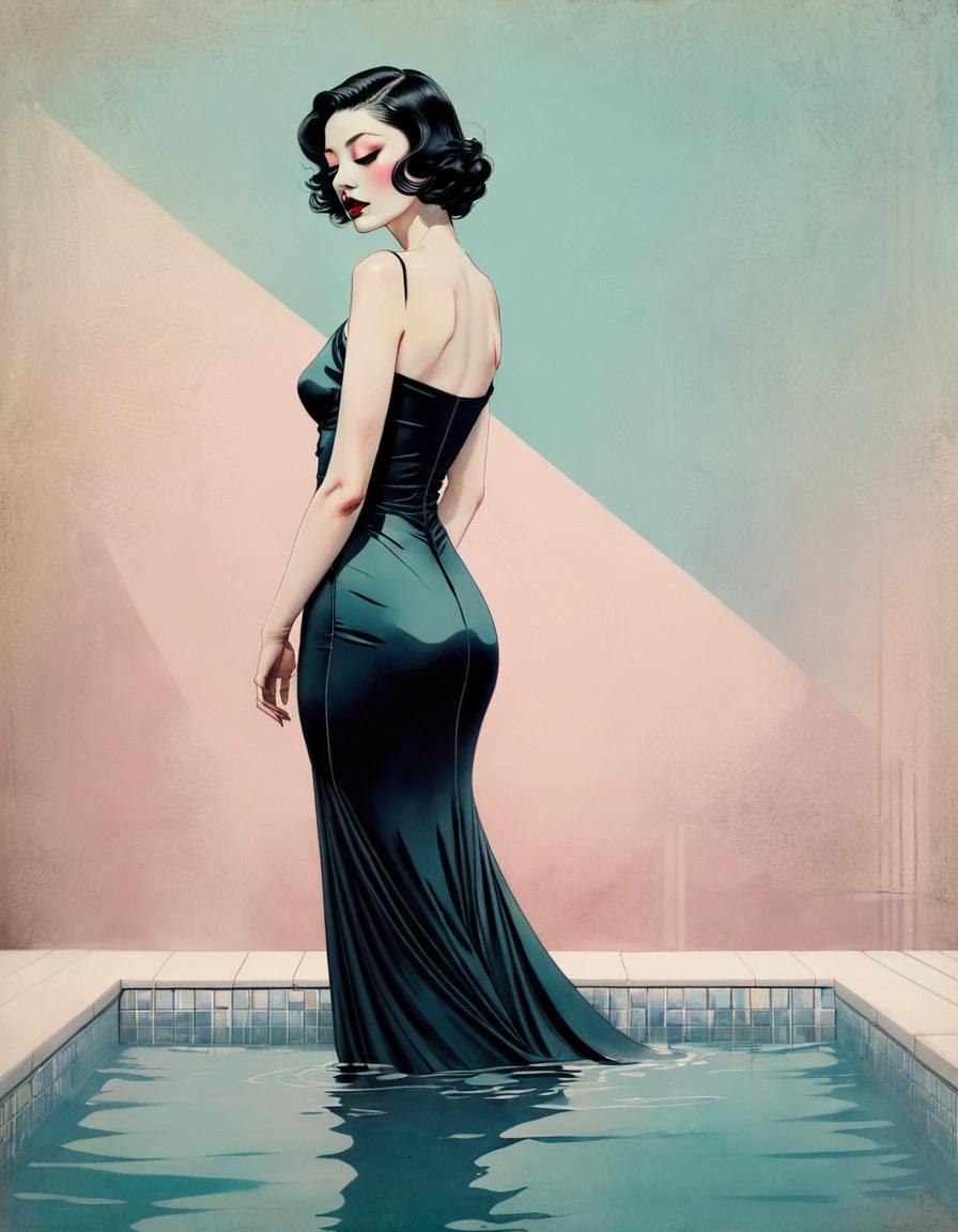 chiaroscuro technique on sensual illustration of an elegant woman, vintage ,silky eerie, matte painting, by Hannah Dale, by Harumi Hironaka, extremely soft colors, vibrant, pastel, highly detailed, digital artwork, high contrast, dramatic, refined, tonal, minimal ratio, swimming pool texture