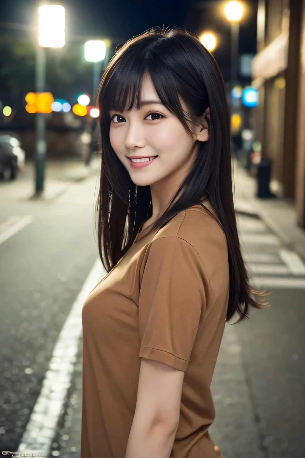 1 girl, (Wearing a brown shirt:1.2), Very beautiful Japanese idol portraits, 
(RAW Photos, highest quality), (Realistic, Photorealistic:1.4), (masterpiece), 
Very delicate and beautiful, Very detailed, 2k wallpaper, wonderful, finely, very detailed CG Unity 8k wallpaper, Very detailed, High resolution, Soft Light, 
Beautiful detailed girl, Very detailed目と顔, Beautiful and detailed nose, Finely beautiful eyes, Cinema Lighting, 
(On a street corner at night:1.3), (Night lights),
(parted bangs), 
Complete Anatomy, Slender body, Small breasts, smile