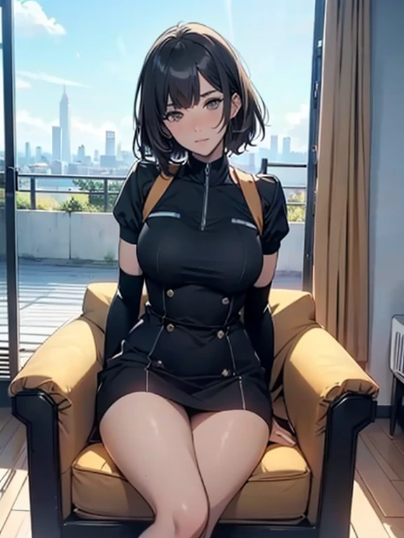 ANIME, 1 chica, chae hae-in,  pelo amarillo corto, ((vestido negro, Session, pies cruzados, enfoque de pies, tsundere, muslos, in armchair, aula, vista desde abajo)), figura con curvas, con vistas a la ciudad, colorete, descanso de la tarde 

(((Obra maestra))), ((personaje muy detallado)), ((ojos perfectos)), ((una cara perfecta)), ((mejor calidad)), ((brazos perfectos)), high resolution, imagen muy detallada, thick muslos 

BREAK 