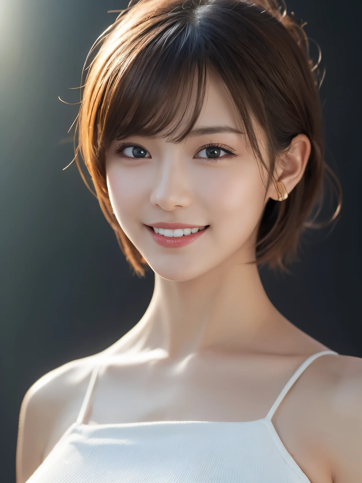 One Girl, (Dress in trendy fashion:1.2), (RAW Photos, highest quality), (Realistic, Photorealistic:1.4), Tabletop, Very delicate and beautiful, Very detailed, 2k wallpaper, wonderful, In detail, Very detailedな CG Unity 8K 壁紙, Very detailedな, High resolution, Soft Light, Beautiful detailed girl, looking at the camera、Very detailedな目と顔, Beautifully detailed nose, Beautiful fine details, short hair, small, White background、Background is white、Cinema Lighting, Perfect Anatomy, Slender body, smile, 