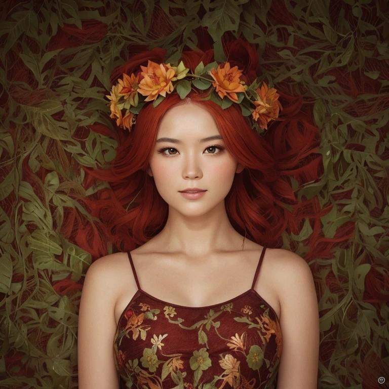asian woman with red hair and a wreath of flowers on her head, fairy queen of the summer forest, beautiful femme rousse, Goddess of Spring, goddess of nature, red haired goddess, goddess of nature, tons verts et rouges, dark green Poils de feuilles, femme rousse, fille rousse, reine de la nature, couronne florale, Poils de feuilles, lotus couronne florale girl, fille aux cheveux rouges