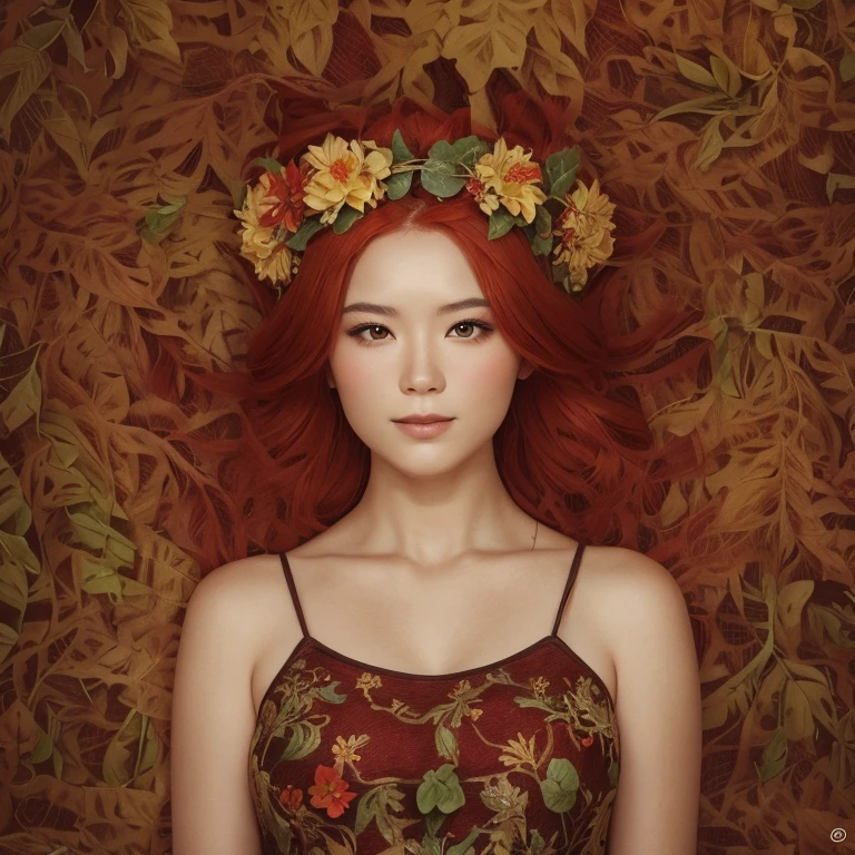 asian woman with red hair and a wreath of flowers on her head, fairy queen of the summer forest, beautiful femme rousse, Goddess of Spring, goddess of nature, red haired goddess, goddess of nature, tons verts et rouges, dark green Poils de feuilles, femme rousse, fille rousse, reine de la nature, couronne florale, Poils de feuilles, lotus couronne florale girl, fille aux cheveux rouges