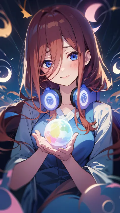 1 girl, solo, masterpiece, best quality, illustration, pretty ethereal lighr, miku nakano, holding a light glowing sphere, long ...