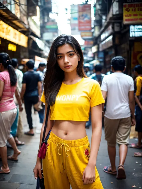 Create a photorealistic image capturing a healthy looking regular 21-year-old Mumbai girl standing amidst the bustling streets o...