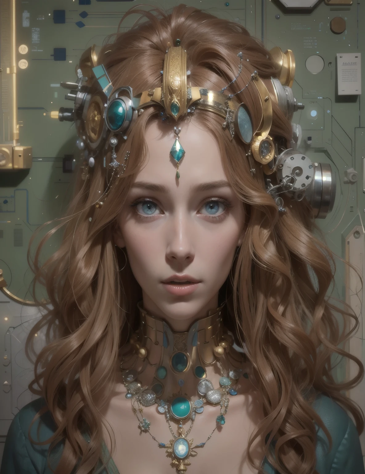 crowned woman with a necklace and a necklace made of electronic components, portrait d&#39;une reine cyborg, travail complexe, portrait d&#39;A mechanical girl, hyperrealistic art nouveau, cyberpunk rococo, art nouveau octane render, Highly detailed 4K digital art, portrait d&#39;un androïde, Princesse de l’intelligence artificielle, inspiré par James Christensen, portrait belle fille de science-fiction