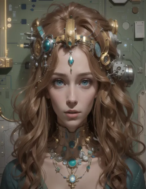 crowned woman with a necklace and a necklace made of electronic components, portrait d&#39;une reine cyborg, travail complexe, p...