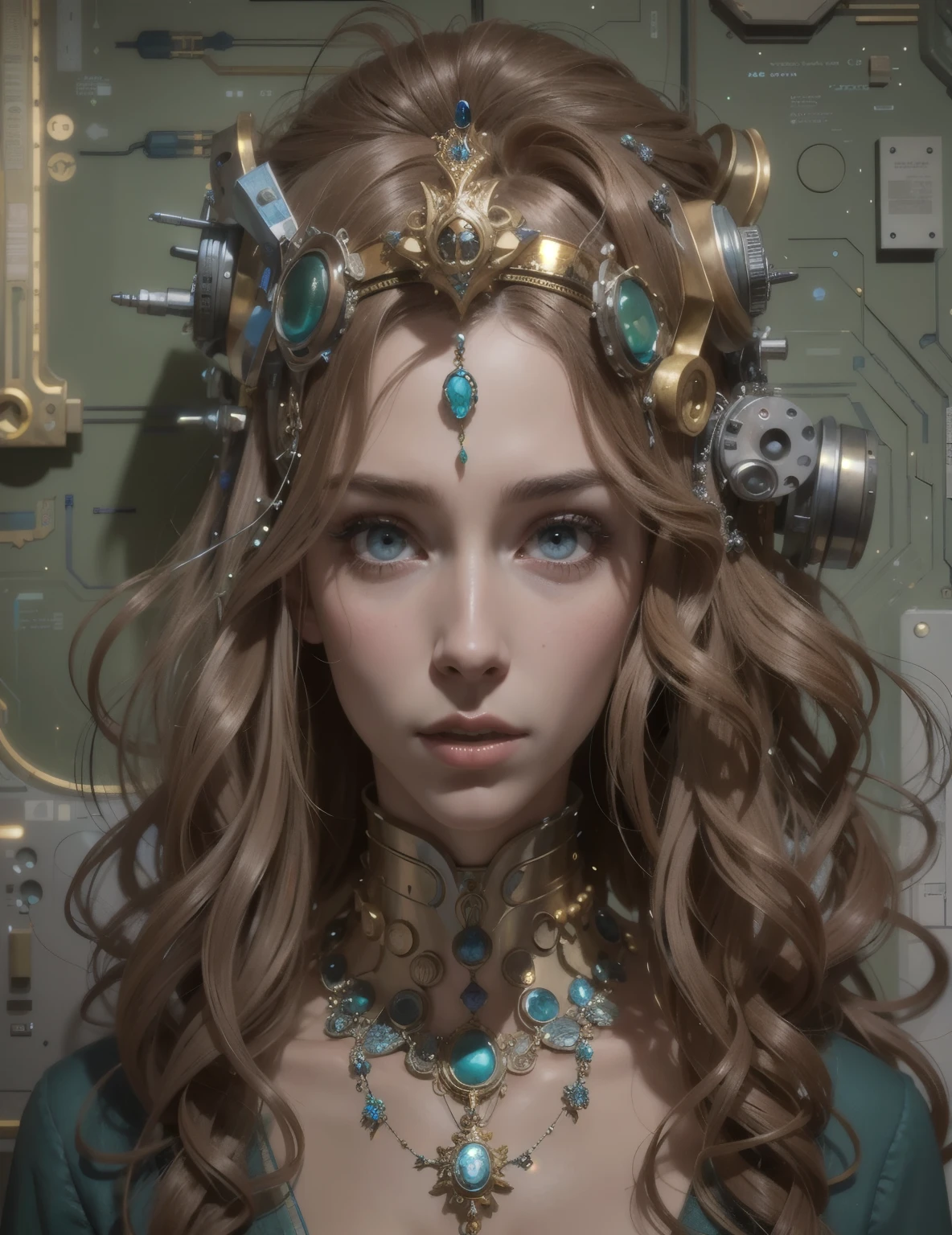 crowned woman with a necklace and a necklace made of electronic components, portrait d&#39;une reine cyborg, travail complexe, portrait d&#39;A mechanical girl, hyperrealistic art nouveau, cyberpunk rococo, art nouveau octane render, Highly detailed 4K digital art, portrait d&#39;un androïde, Princesse de l’intelligence artificielle, inspiré par James Christensen, portrait belle fille de science-fiction