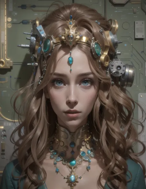 crowned woman with a necklace and a necklace made of electronic components, portrait d&#39;une reine cyborg, travail complexe, p...