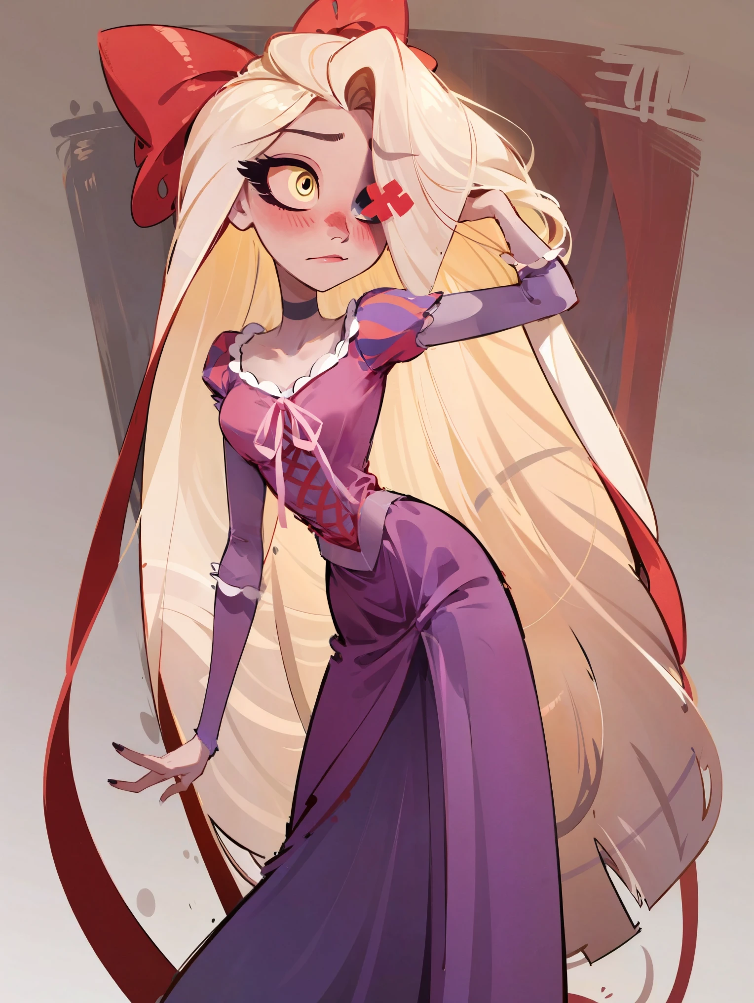 1 girl, solo, masterpiece, best quality, illustration, vaggie from Hazbin hotel dressed up as Rapunzel, perfect fusion, Vaggie, extremely long white hair, red ribbon on back of head, red x on one eye, one eye covered by hair, purple rapunzel dress, Good shapes, perfect lines, perfect lineart, professional, good, cute, full body, dinamic pose, embarassed blushing expression, blush, tsundere face, tsundere pose, flustered, (vaggie), (grey/gray skin, white hair, pink sclera, yellow pupils, long white hair), purple dress