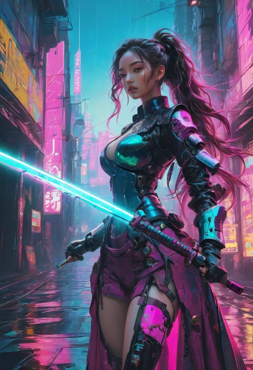 1girl, Swordsman, breathtaking In a robot-run, futuristic steampunk castle, a tech-armored swordsman wields a laser sword. This vibrant, cinematic blend of Renaissance and Cyberpunk styles is rich in color, detail, and sleek shadows. Keywords: cyberpunk, vaporwave, neon, crisp, stunning, magenta . award-winning, professional, highly detailed