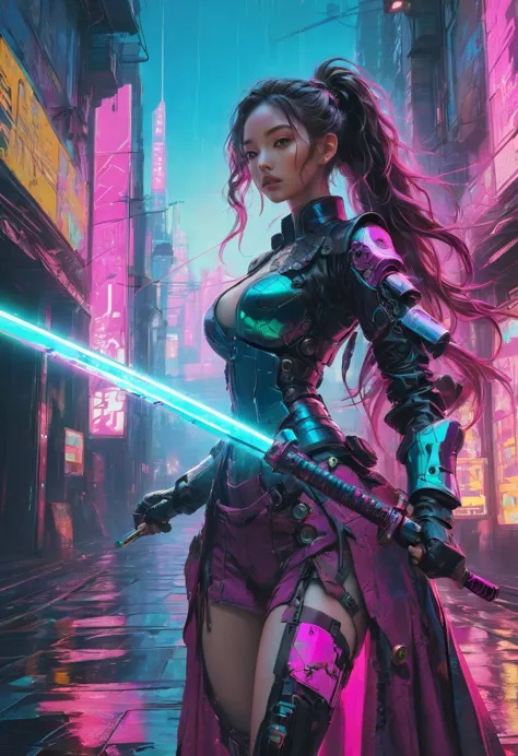 1girl, Swordsman, breathtaking In a robot-run, futuristic steampunk castle, a tech-armored swordsman wields a laser sword. This ...