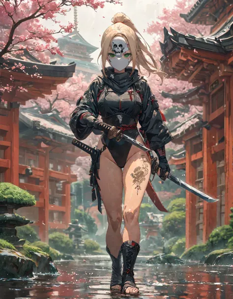 close shot, girl focus,Random pose,A female ninja on her way to her enemy,sexy full body, ponytail hair, skull drawing mask,sexy...