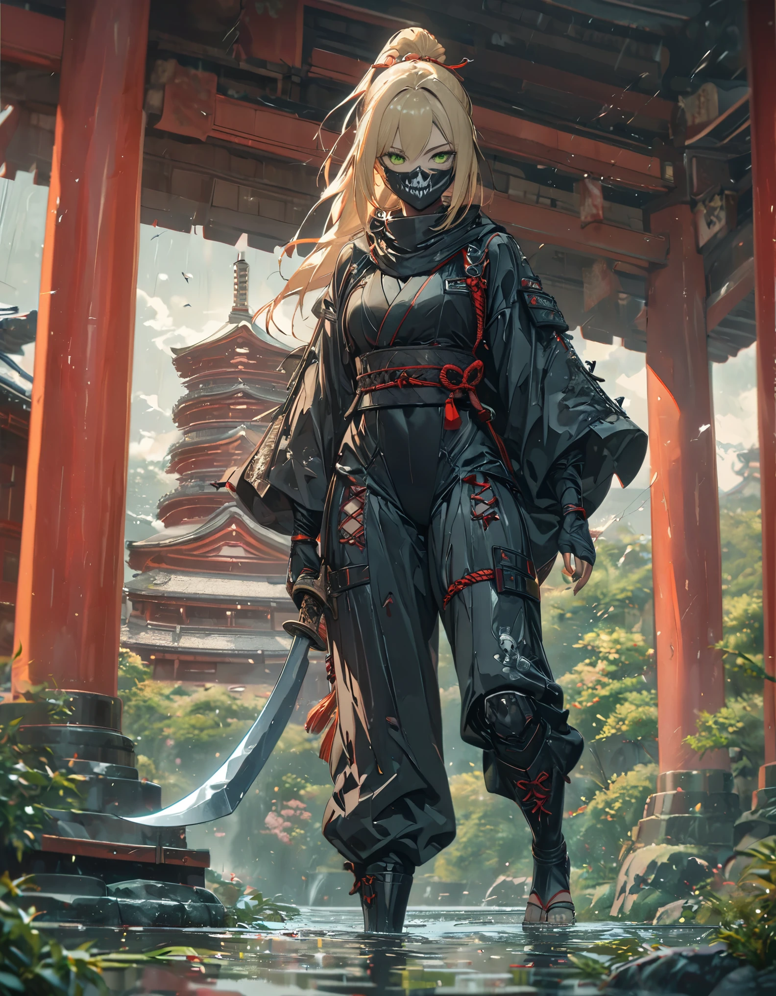 close shot, girl focus,Random pose,A female ninja on her way to her enemy,sexy full body, ponytail hair, skull drawing mask,sexy ninja suit, holding a small katana,tattoo,japanese pagoda,pond, Sakura tree, kunai and shuriken lay around,artwork,4K,Detailed,4k highly detailed digital art,octane render,masterpiece,best quality,ligne claire,(cool_color),perfect composition,absurdres, fantasy,focused,rule of thirds, light blonde hair,green eyes, (leotard,bare legs,boots,toeless legwear), cowboy shot, full body with costume