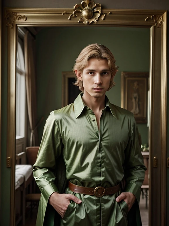 homme aux cheveux blonds en manteau vert et couronne d&#39;or debout devant un miroir, portrait du prince blond magique, beau prince androgyne, délicat prince androgyne, Beautiful male elf, le prince des fleurs, renaissance prince, portant une couronne et une cape verte, un portrait d&#39;a male elf, male elf, portrait d&#39;un homme elfe mince