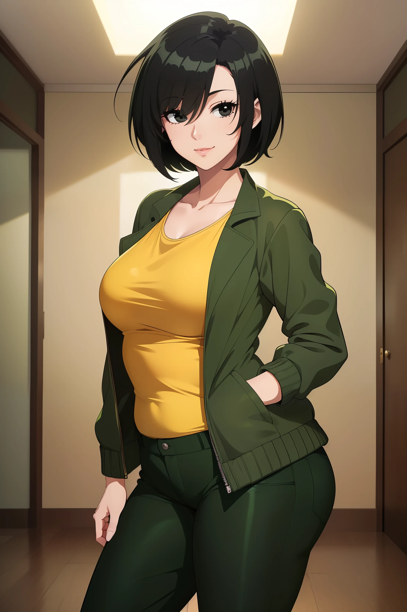 (masterpiece, best quality:1.4), illustration, 8k, ((anime style)),perfect lighting,1 mature female, mature looking, beautiful face, happy, ((dark yellow T-shirt, dark green jacket, dark green pants)), (short hair, messy hair, hair over left eye), (((black hair, black eyes)))